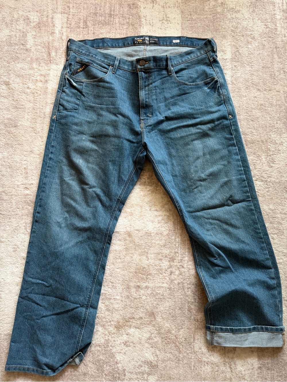 Ariat Rebar M4 Relaxed Boot Cut Jeans Mens 42x32 Med. Wash Work Denim Loop Lock